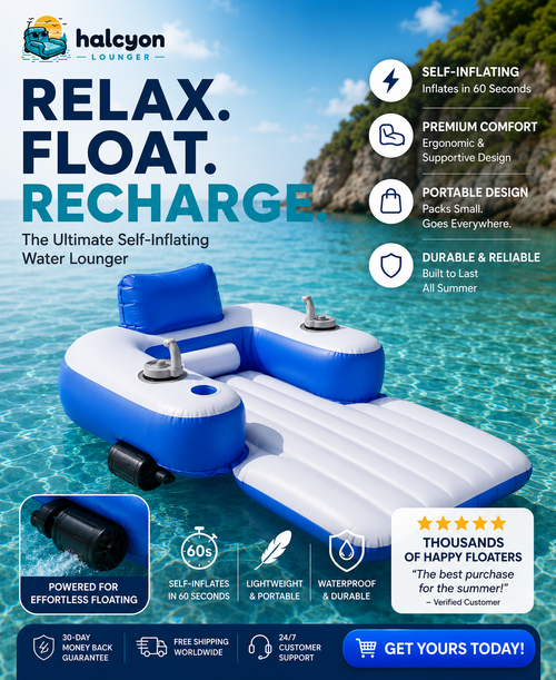 Halcyon electric floating lounger drifting on calm open water