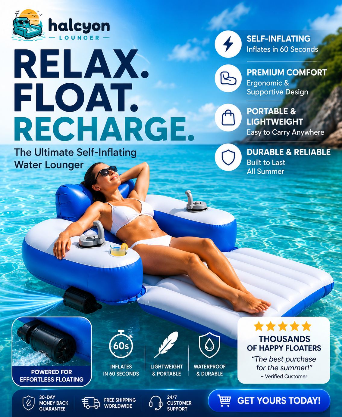 Relaxing on the Halcyon floating lounger on a summer afternoon