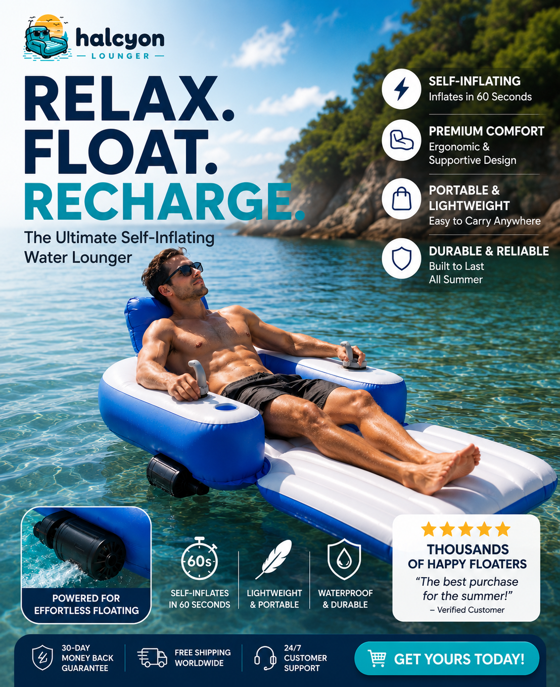 Halcyon electric lounger gliding across a lake with its silent brushless drive